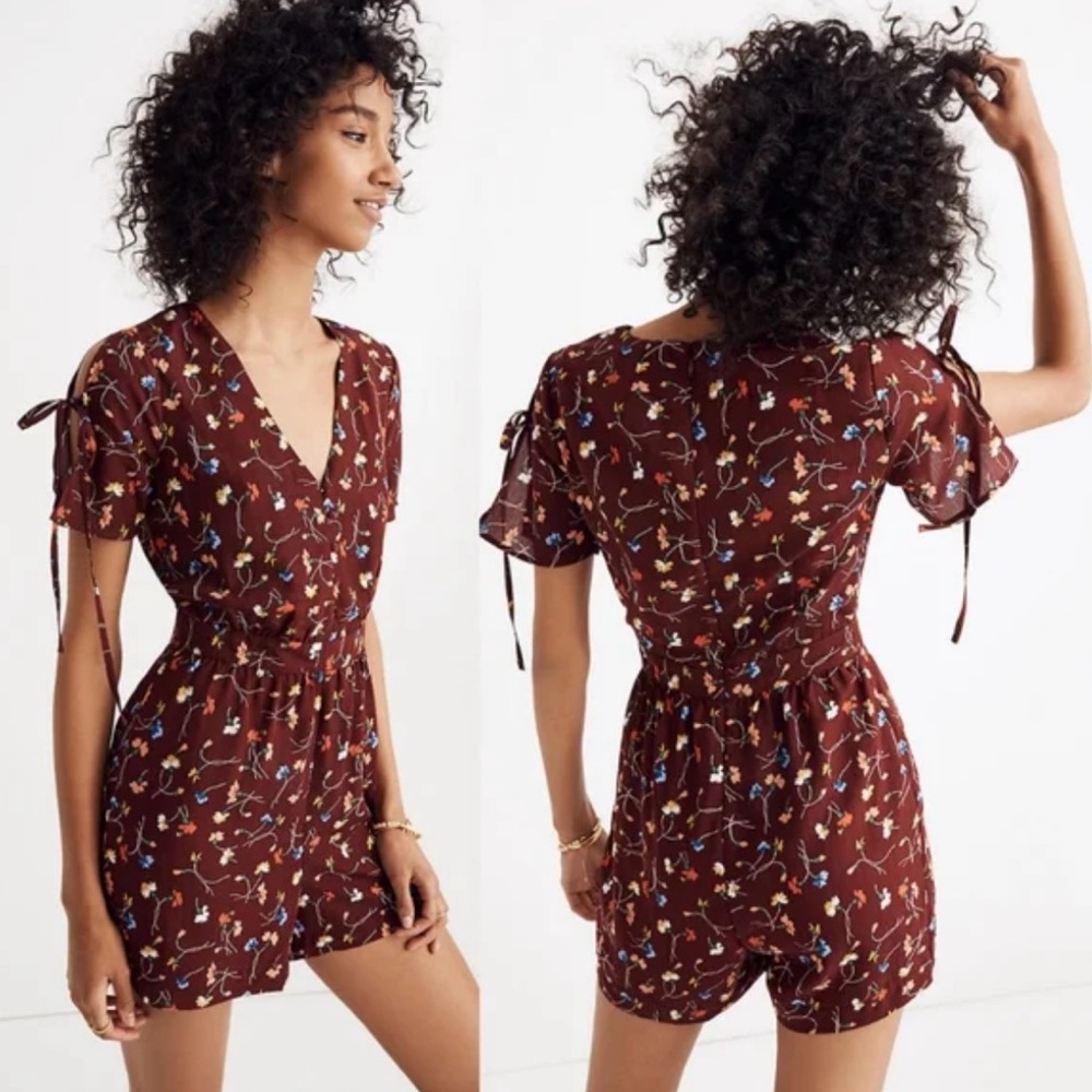 Madewell Allie Deep Plum Button Front Romper Painted Carnations Sz 0 LN